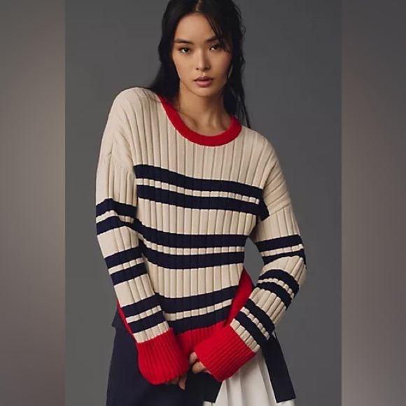Maeve Rib Crew Compact Pullover Striped Sweater Size Small - Picture 1 of 8